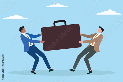 Vector illustration of two businessmen fighting over a briefcase, representing corporate rivalry, business conflict, and the struggle for power, deals, or critical assets

