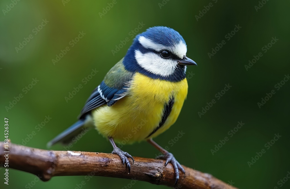 Obraz premium Vibrant blue tit bird perched tree branch. Yellow chest blue head feathers. Wild bird in natural habitat, green bokeh background. Wildlife photography, birdwatching.