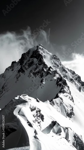 Dramatic black and white mountain peak covered in snow with blowing snow wisps against a dark sky in a winter landscape.