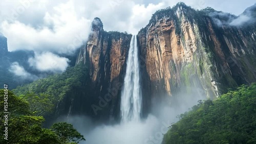 Breathtaking Aerial View of Angel Falls Cascading Down Auy�n-tepui Mountain, Venezuela