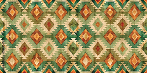 Colorful geometric tribal pattern in earthy tones and green hues.