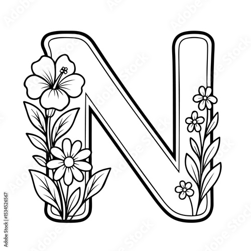 Floral Alphabet Letter 'N' Line Art - Elegant Monogram with Spring Flowers (Coloring Book Style)