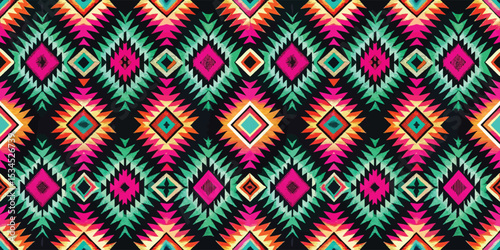 Vibrant geometric pattern featuring diamonds and zigzag shapes in bold colors.