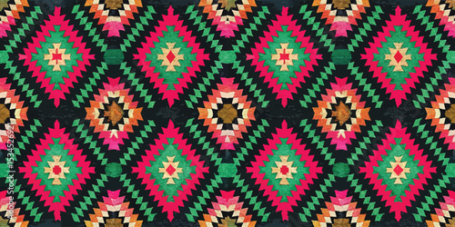 Colorful geometric patterned textile with vibrant red, green, and orange hues.