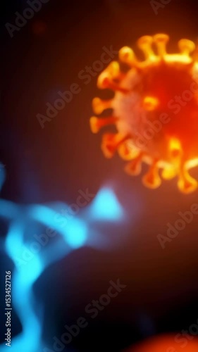 Animated Microscopic Virus Cell with Spikes Floating in Dark Environment, Research and Biology Concept