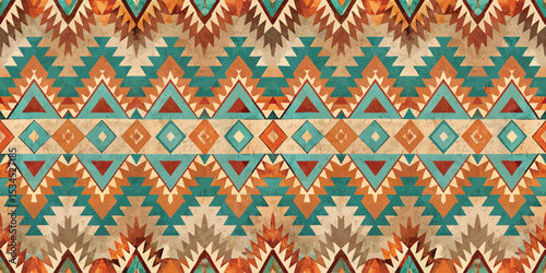 Vibrant geometric pattern with turquoise, orange, and earthy tones.