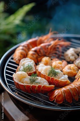 Delicious grilled lobster and seafood on outdoor barbecue grill photo