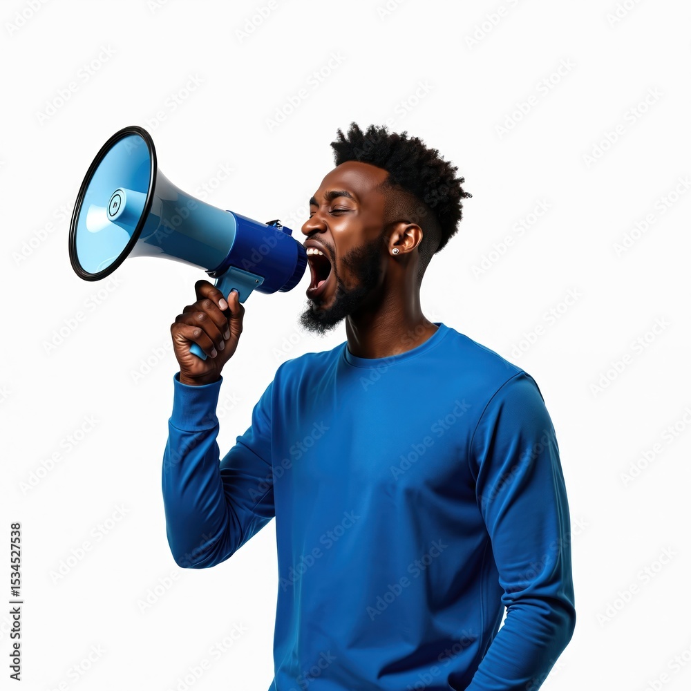 Young black man in blue shirt holds blue speaker. Student shouting with megaphone. Announcing message. Isolated on white background. Communication concept, news, promotion, advertising, sale. Young black man in blue shirt holds blue speaker. Student shouting with megaphone. Announcing message. Isolated on white background. Communication concept, news, promotion, advertising, sale.