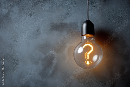 Illuminated question mark light bulb on textured gray wall