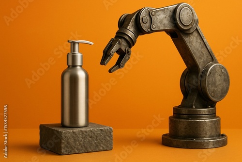 Industrial Robotic Arm with Metal Bottle on Orange Background for Packaging Manufacturing Mockup
