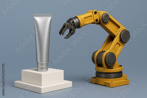 Robotic Arm with Cosmetic Tube on Stand - Packaging Manufacturing Mockup Concept