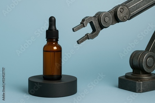 Robotic Arm with Dropper Bottle Mockup in Packaging Manufacturing Concept