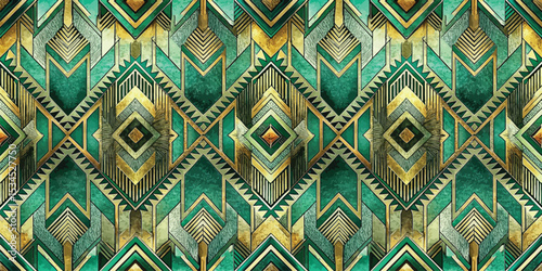 Vibrant geometric pattern in rich turquoise, gold, and green tones.