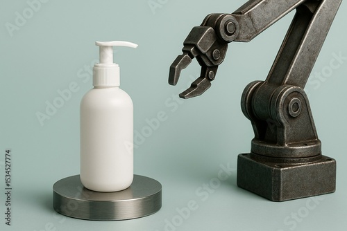 Robotic Arm with Pump Bottle - Packaging Manufacturing Concept Mockup Image