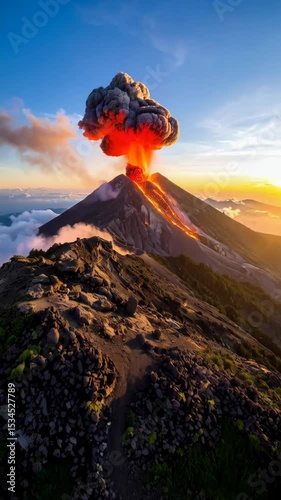 Dramatic volcanic eruption with fiery lava flow, ash plume, and smoke against a vibrant sky at sunrise, capturing the raw power of nature