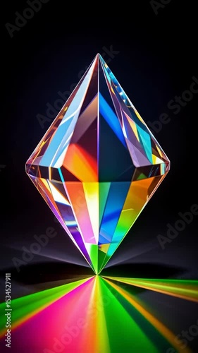 Abstract diamond refracting light into rainbow spectrum with black background, crystal prism, reflection and colorful dispersion effect.