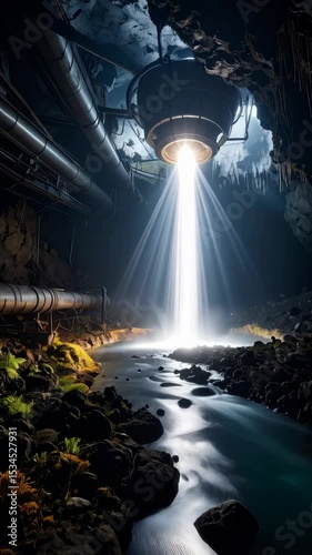 Futuristic machinery illuminates a subterranean river flowing through a cavern with rock formations and mossy banks, creating a sense of mystery