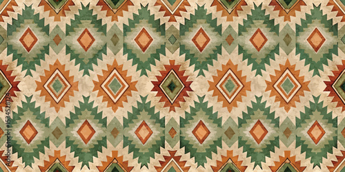 A vibrant geometric pattern in earthy tones of green, brown, and cream.