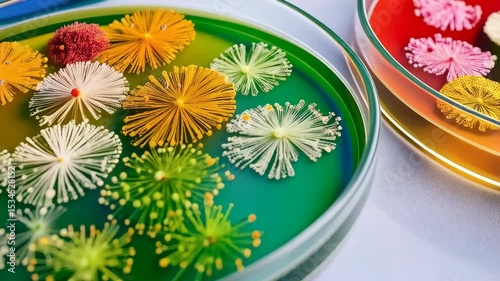 Overhead view of colorful abstract fungi colonies in petri dishes with agar medium in laboratory setting, science concept