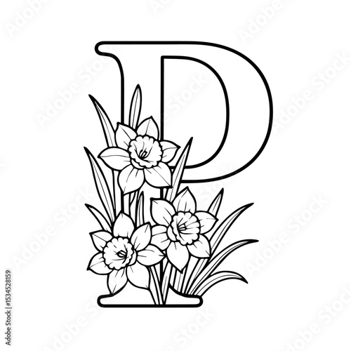Floral Alphabet Letter 'P' Line Art - Elegant Monogram with Spring Flowers (Coloring Book Style)