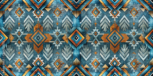 Abstract geometric pattern in blue and orange tones with tribal influences.