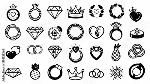 Whimsical Black and White Iconography Collection Featuring Romantic Symbols, Royal Motifs, Geometric Diamonds, and Playful Pineapple Designs