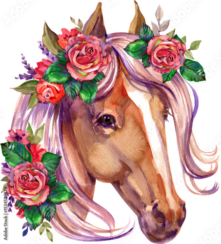 Horse with Flowers Watercolor hand drawn Illustration. Horses with floral wreath vintage style art