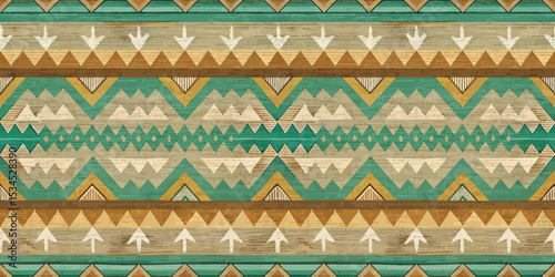 Colorful geometric pattern featuring earthy tones and tribal motifs.