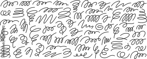 Horizontal rectangular banner filled with thin black contour lines in form of spiral, curls, loops, waves, twisted smooth calligraphic handwritten characters, strokes, signatures. Vector illustration.