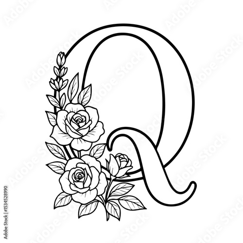 Floral Alphabet Letter 'Q' Line Art - Elegant Monogram with Spring Flowers (Coloring Book Style)
