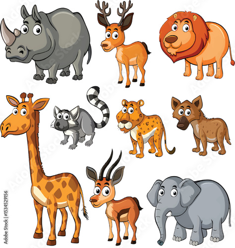 Friendly wild animals transformed into lovable cartoon characters full of charm.