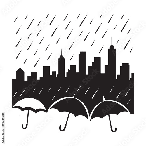 Rainy day silhouette of a cityscape with umbrellas providing protection from the downpour