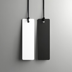 Two bookmark mockups. White, black blank book marks with string. Minimalist design for branding, business, print. Template, product presentation, poster, banner, advertising, promo. Mock up display.