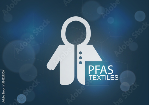 PFAS textiles contamination concept with white clothing icon on blue technology background. PFAS in textiles concept. PFAS chemicals. Professional poster  for toxic chemical. Vector illustration