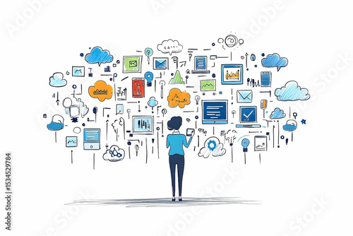 Wallpaper Mural A woman surrounded by interconnected technology icons Torontodigital.ca