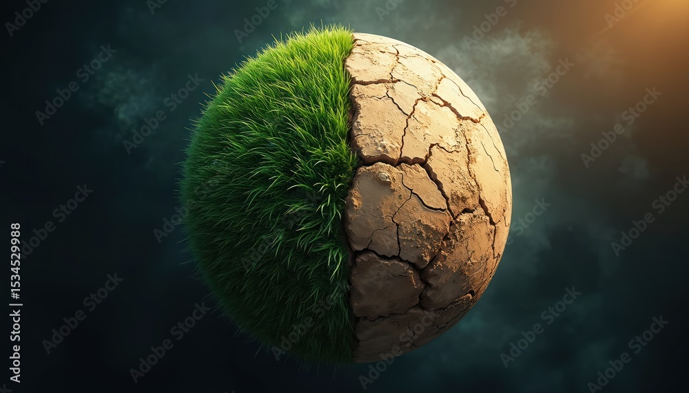 Fototapeta premium Visual of global challenges one half green, arid cracked earth. Environmental issues climate change, drought, global warming. Concept of sustainability, ecology, nature, earth, conservation,