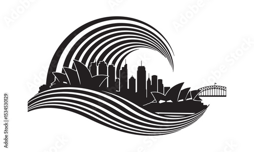 Iconic sydney skyline and architecture in stylish black and white vector illustration