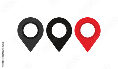 Three simple location pins black red and gray