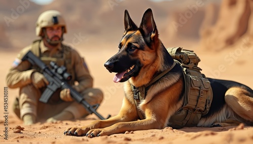 Military dog patrols desert with soldier. German shepherd k9, service canine in uniform. Army guard, defense in sand. Camouflage, tactical equipment, reconnaissance mission. photo