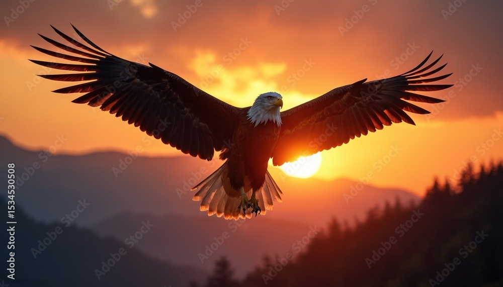 Obraz premium Majestic eagle soars sunset. Bird with outstretched wings against a golden sky, mountains silhouette. Symbol of freedom, power. Stunning landscape illustration.