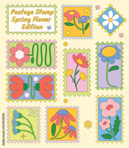 Vibrant, retro spring flower postage stamps. A whimsical collection of abstract floral designs in playful colors, perfect for unique graphic projects and delightful decor