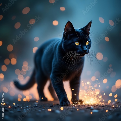 Ethereal Black Cat in Starlit Mist with Celestial Background