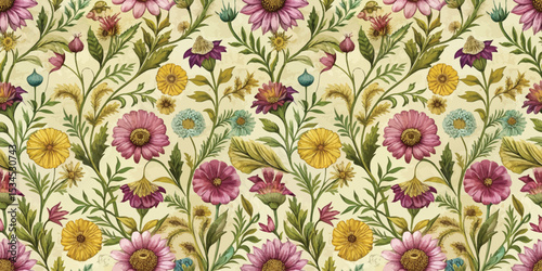 Vibrant floral pattern featuring colorful flowers and greenery on a soft background.