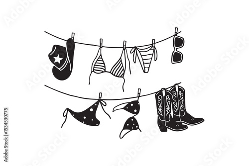 Western Laundry Line – Boots, Hat, and Bikini Hanging Illustration