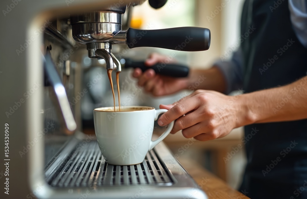Barista prepares fresh espresso in coffee shop. Coffee machine pours hot beverage into white cup. Cafe worker hands closeup. Morning routine, coffee culture, drink service. Barista prepares fresh espresso in coffee shop. Coffee machine pours hot beverage into white cup. Cafe worker hands closeup. Morning routine, coffee culture, drink service.