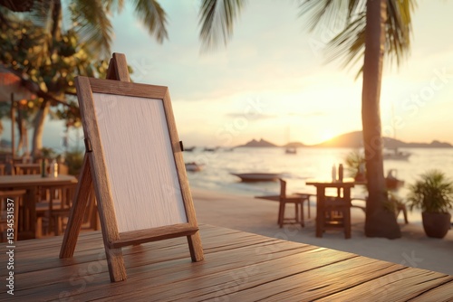 Blank sign on wooden table at a tropical beach bar during a vibrant sunset creating a serene atmosphere for relaxation and enjoyment