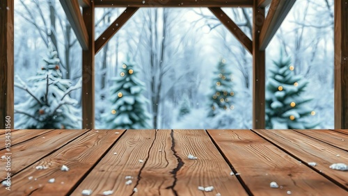 Enchanting Winter Wonderland View from Cozy Wooden Gazebo Snow-Covered Trees, Christmas Lights, and Serene Atmosphere