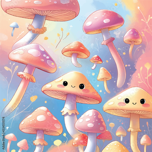 happy cute mushrooms in the forest
