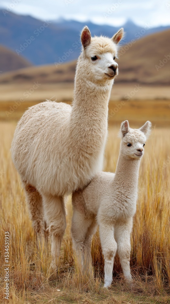 Obraz premium Mother alpaca with fluffy baby on golden field at the foot of Andes, soft sunrise light on their thick wool, peaceful pastoral Peruvian scene