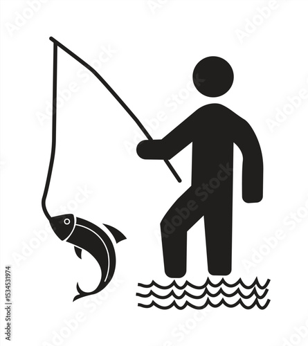 fishing icon, sign symbol of person catching fish, eps 10 on white background, vector illustration.

